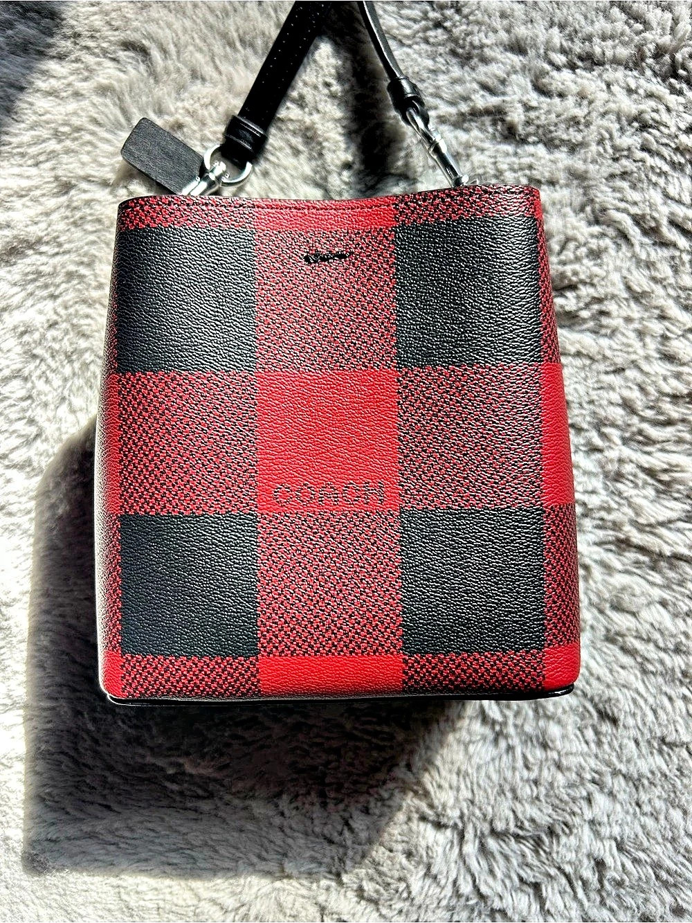 Coach Mini Town Bucket Bag With Buffalo Plaid Print Red & Black, NEW WITH TAGS